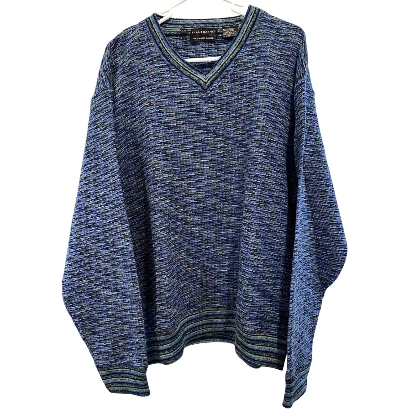 Vintage Jhane Barnes Mens Xl Blue Multi Wool Blend V-Neck Textured Sweater Japan